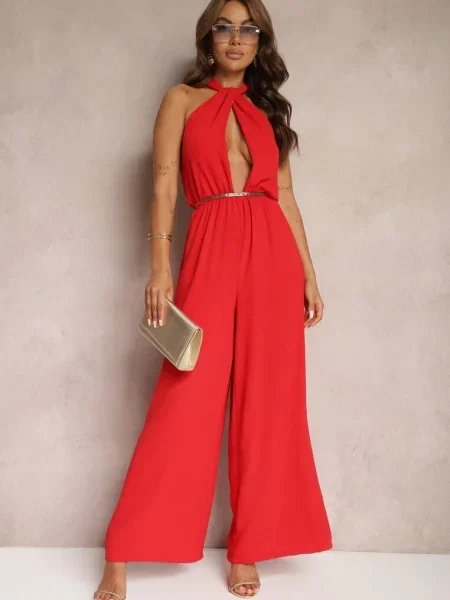 Taliowany Kombinezon ze Ściągaczem w Talii i Wiązaniem przy Szyi Rivasiris czerwony