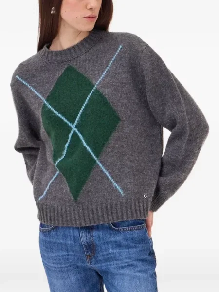 Pulover Ottod’ame cu model argyle cu decolteu rotund gri
