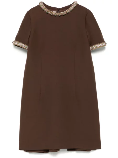Sukienka mini Valentino Garavani z kryształkami z krepy garniturowa brązowa