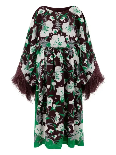 Rochie Valentino Garavani cu pene cu model floral de costum maro