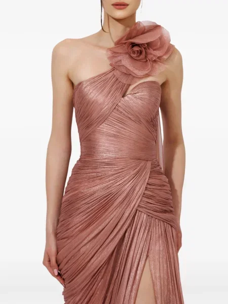 Rochie maxi Iris Serban cu model floral cu un umăr gol roz