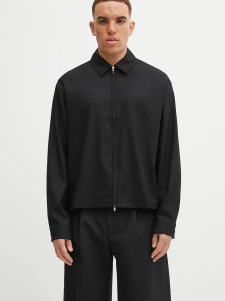 Represent cămașă din amestec de lână Zip Up Wool cu guler clasic relaxed negru