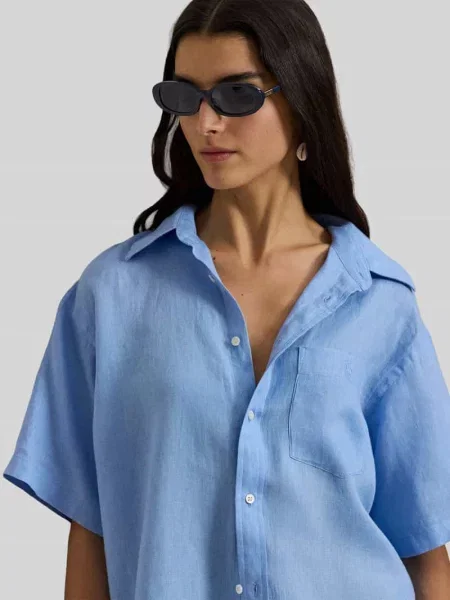 Bluzka koszulowa Oversized z czystego lnu Polo Ralph Lauren niebieska