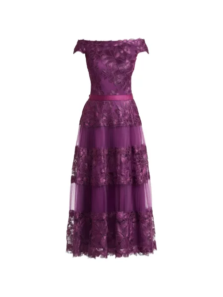 Rochie midi Tadashi Shoji cu broderie cu model floral de costum violet