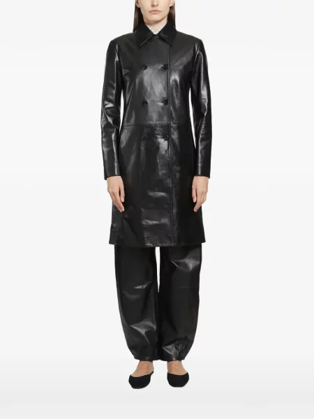 Palton Jil Sander din piele cu două rânduri de nasturi negru