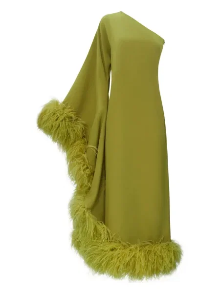 Sukienka maxi Taller Marmo w piórka na jednym ramieniu garniturowa zielona