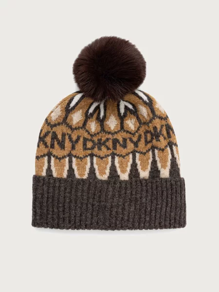 DKNY căciulă cu pompon pentru femei cu amestec de lână maro