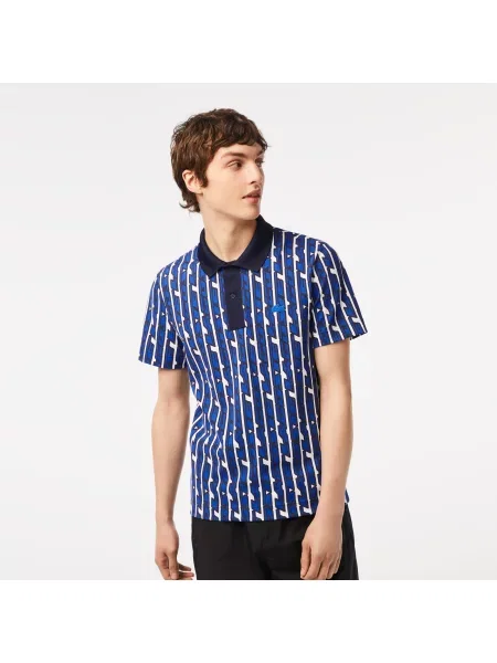 Lacoste Dwukolorowa Koszulka Polo Z Nadrukiem I Elastyczną Pikowaną Tkaniną Lacoste niebieska