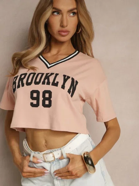 Ciemnoróżowy T-shirt z Bawełny Ozdobiony Napisem Lireline różowa