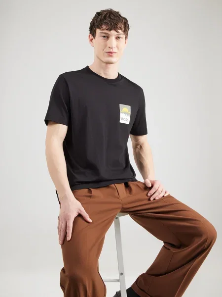BOSS Tricou Te_Plain galben deschis / gri deschis negru