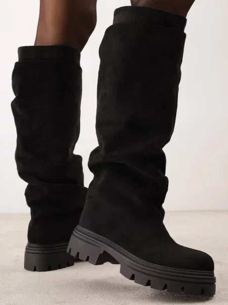 Cizme până la genunchi pe talpă groasă cu carâmb dublu lejer Frides negre