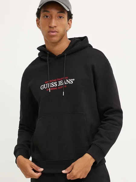 Dukserica Guess Jeans za muškarce s kapuljačom s aplikacijom crna