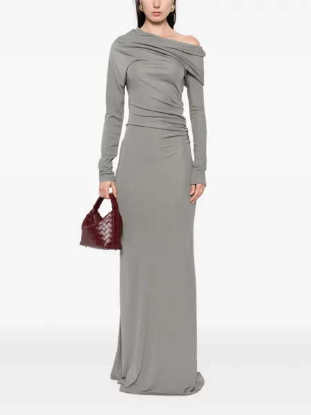 Rochie maxi Aya Muse drapată cu un umăr gol de costum gri