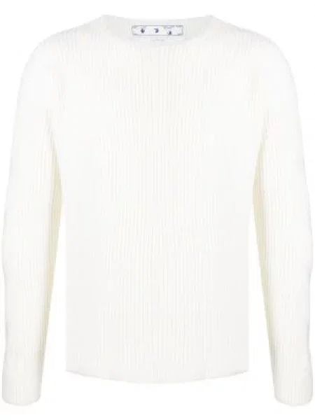 Pulover Off-white cu decolteu rotund cu nervuri alb