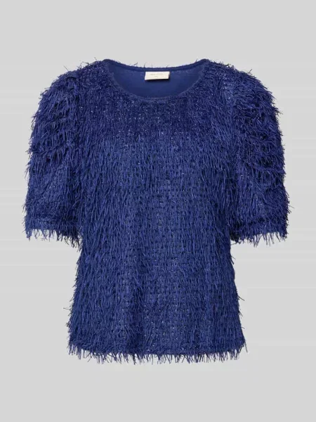 Sweter z frędzlami i okrągłym dekoltem model ‘MARLIN’ Free/quent niebieski