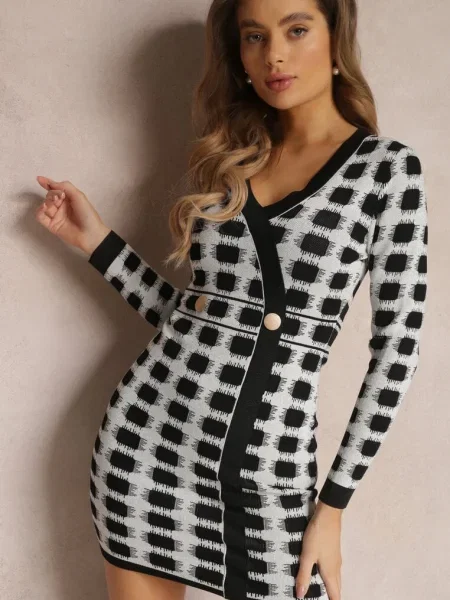 Rochie tricotată deschis cu model geometric și fir metalic Enoto gri