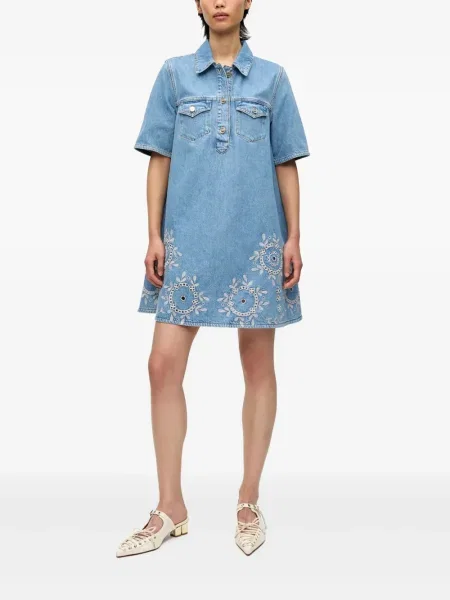 Rochie din denim Ganni cu broderie de costum albastru