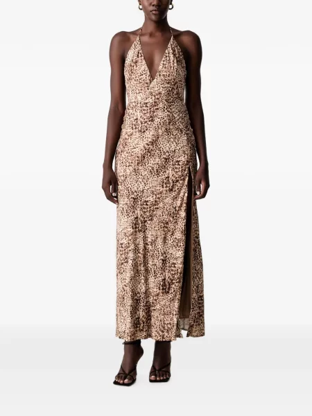 Rochie maxi Bardot cu imagine cu model leopard cu gât halter