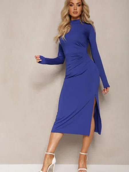 Rochie Midi Bleumarin cu Pliuri și Șliț Vangia