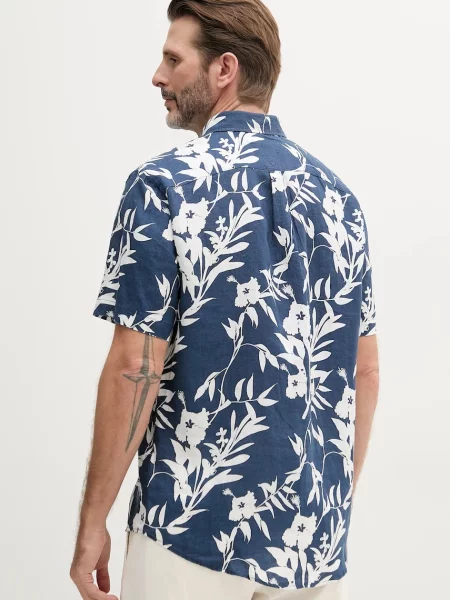Lněná košile Tommy Hilfiger tmavomodrá regular s límečkem button-down