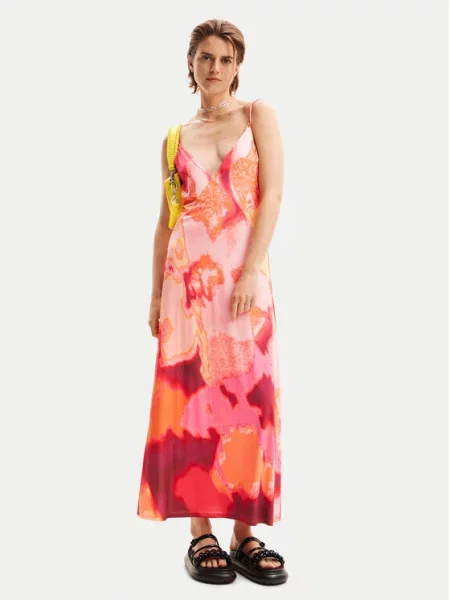 Desigual sukienka NEREA pomarańczowy maxi dopasowana różowa