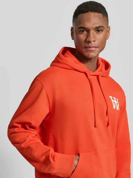 Bluza z kapturem z nadrukiem z logo i kieszenią kangurka Wood Wood pomarańczowa