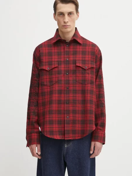 Vunena košulja VETEMENTS Plaid Embroidered relaxed s klasičnim ovratnikom crvena