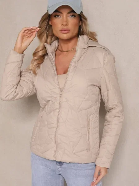 Ciemnobeżowa Przejściowa Kurtka z Kapturem Ozdobiona Pikowaniem Ninariela beżowa