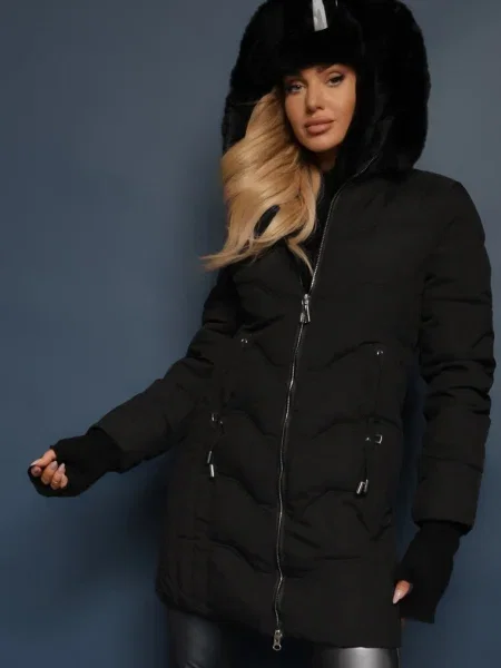 Jacheta stil Trenci cu Matlasare și Glugă de Blană Mavila neagră