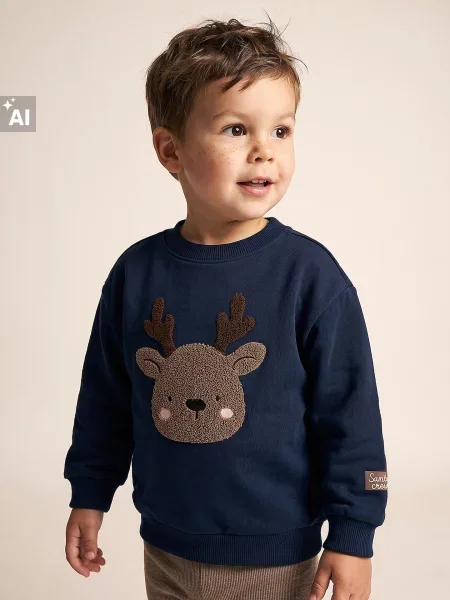 Sinsay Vánoční mikina crewneck s aplikací soba modrá