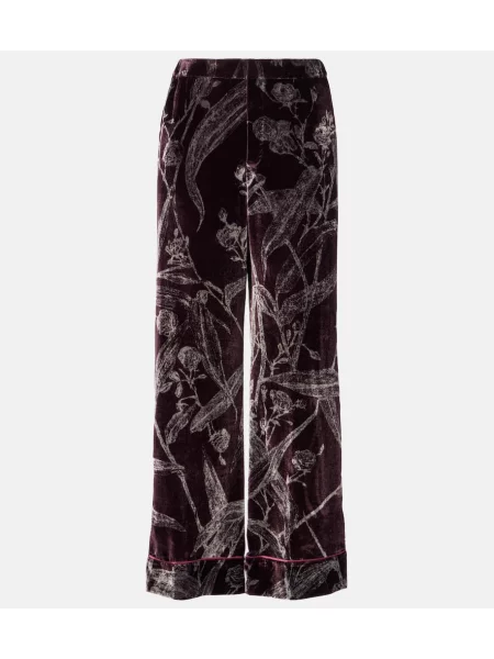 Satynowe spodnie La Doublej w kwiatki bordowe