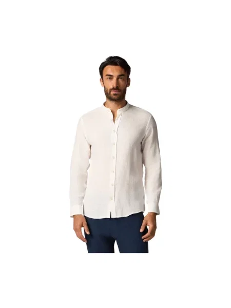Lniana koszula Brooks Brothers ze stójką beżowa