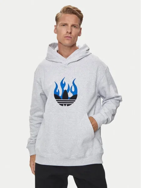 Меланжов суичър с качулка Adidas с качулка с принт сиво