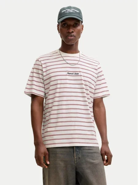 JACK & JONES Tričko JORNORREBRO vínovo červená biela