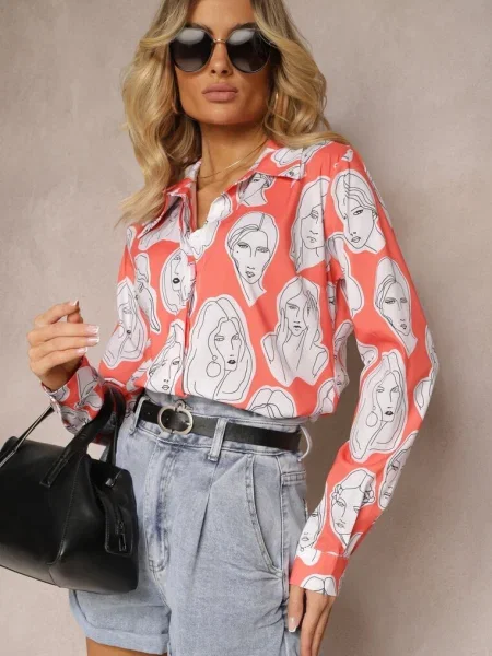 Cămașă cu Imprimeu Artistic cu Fețe Frumelia portocalie
