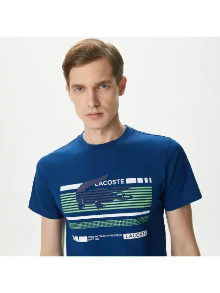 Lacoste Koszulka Slim Fit Z Okrągłym Dekoltem I Nadrukiem granatowy