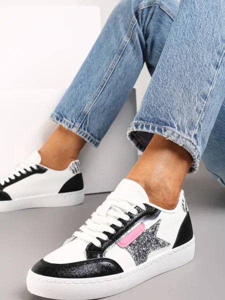 Sneakers Alb-Negri cu Inserții Sclipitoare și Steluță Reniva alb