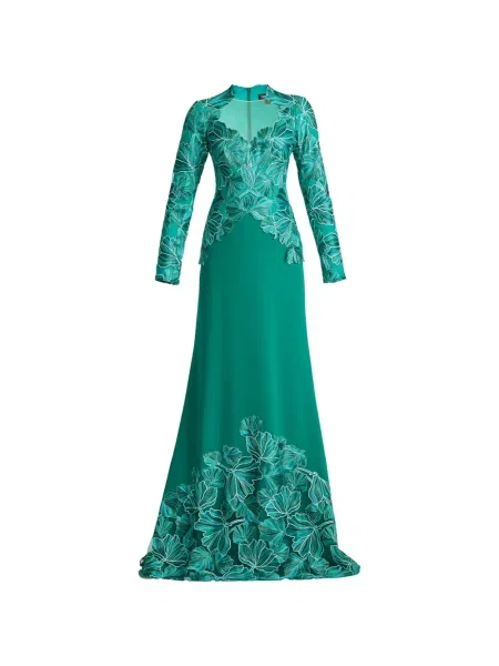 Rochie maxi Tadashi Shoji cu model floral lungă de costum verde