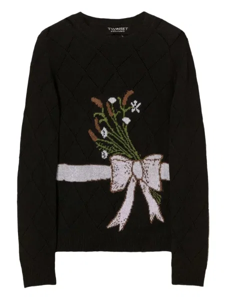 Pulover Twinset cu funde cu model floral negru