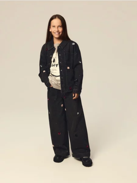 Reserved Blugi super wide leg cu aplicație gri