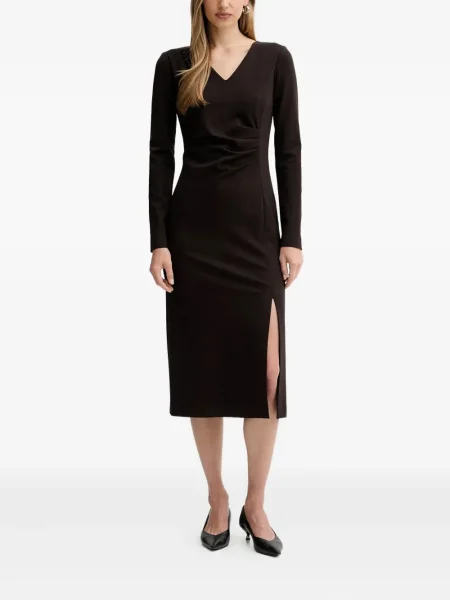 Sukienka midi Liviana Conti z dekoltem w serek do kolan z rozcieciem brązowa