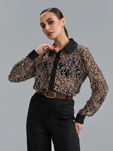 Сорочка повсякденна ISSA Plus чорний/бежевий комбінований верх чорна