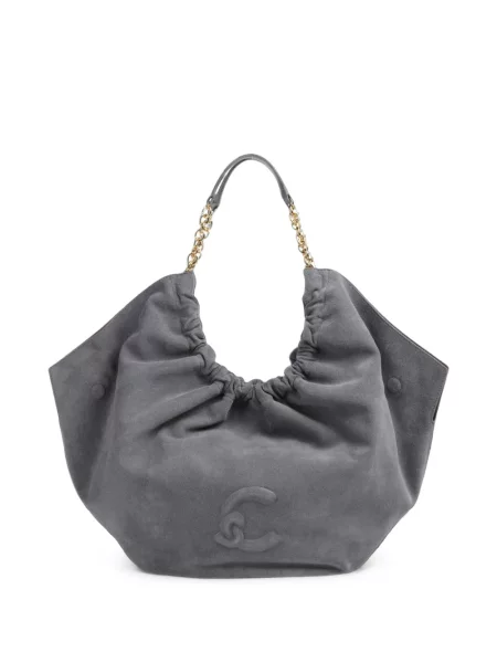 Geantă shopper Coccinelle din piele de căprioară cu volane gri