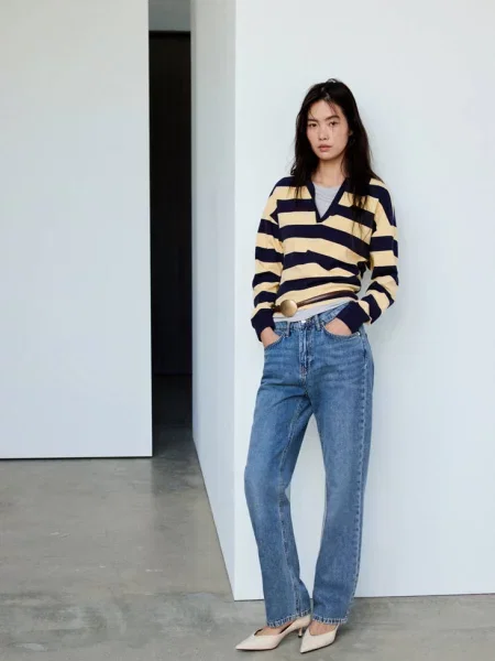 Sweter w paski z kołnierzykiem polo pastelowy Kobieta XL MANGO żółty