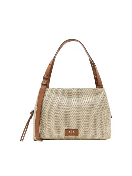 Lniana shopperka Armani Exchange pleciona beżowa