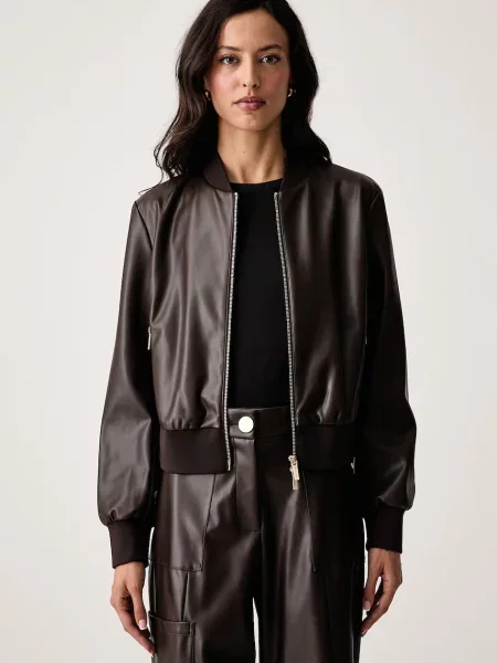 Armani Exchange geacă bomber pentru femei din imitație de piele întoarsă maro