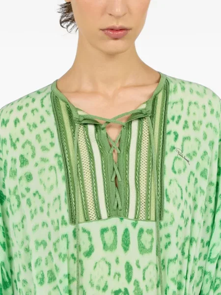 Šněrovací leopardí šaty Roberto Cavalli s potiskem zelené