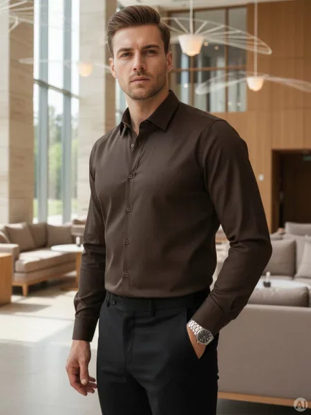 Koszula SLIM FIT elegancka gładka ciemnobrązowa Dstreet