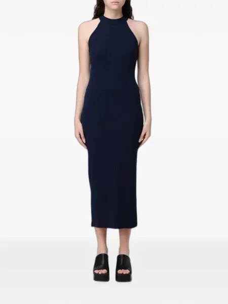 Rochie midi Ea7 Emporio Armani tricotate cu gât halter albastru