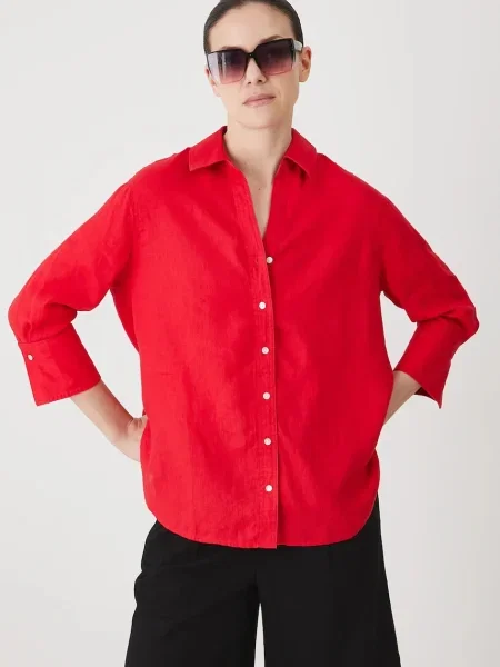Medicine koszula lniana relaxed z kołnierzykiem klasycznym czerwony